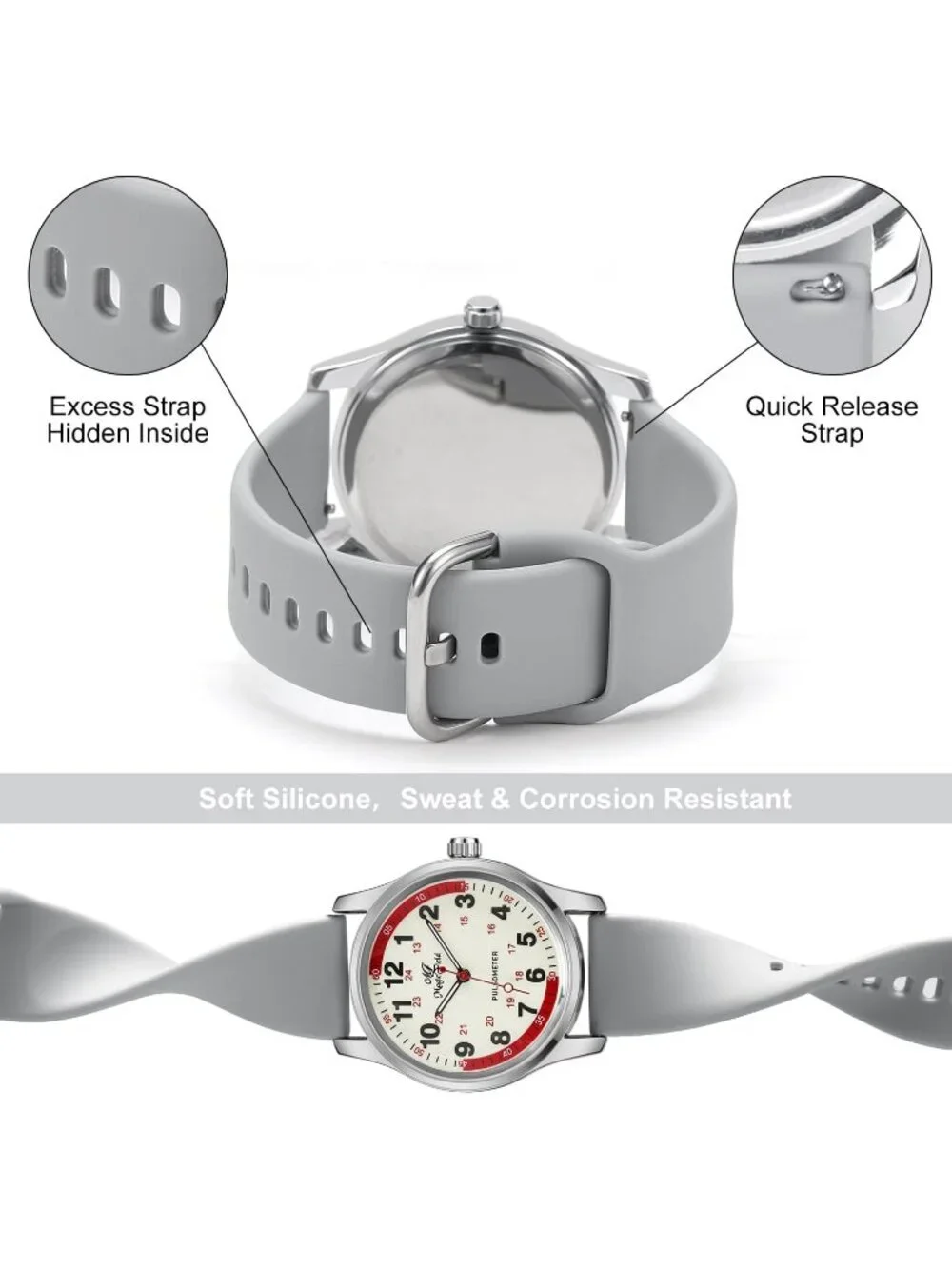 Women's Silver Grey Easy to Read Military Time Waterproof Luminous Wrist Watch